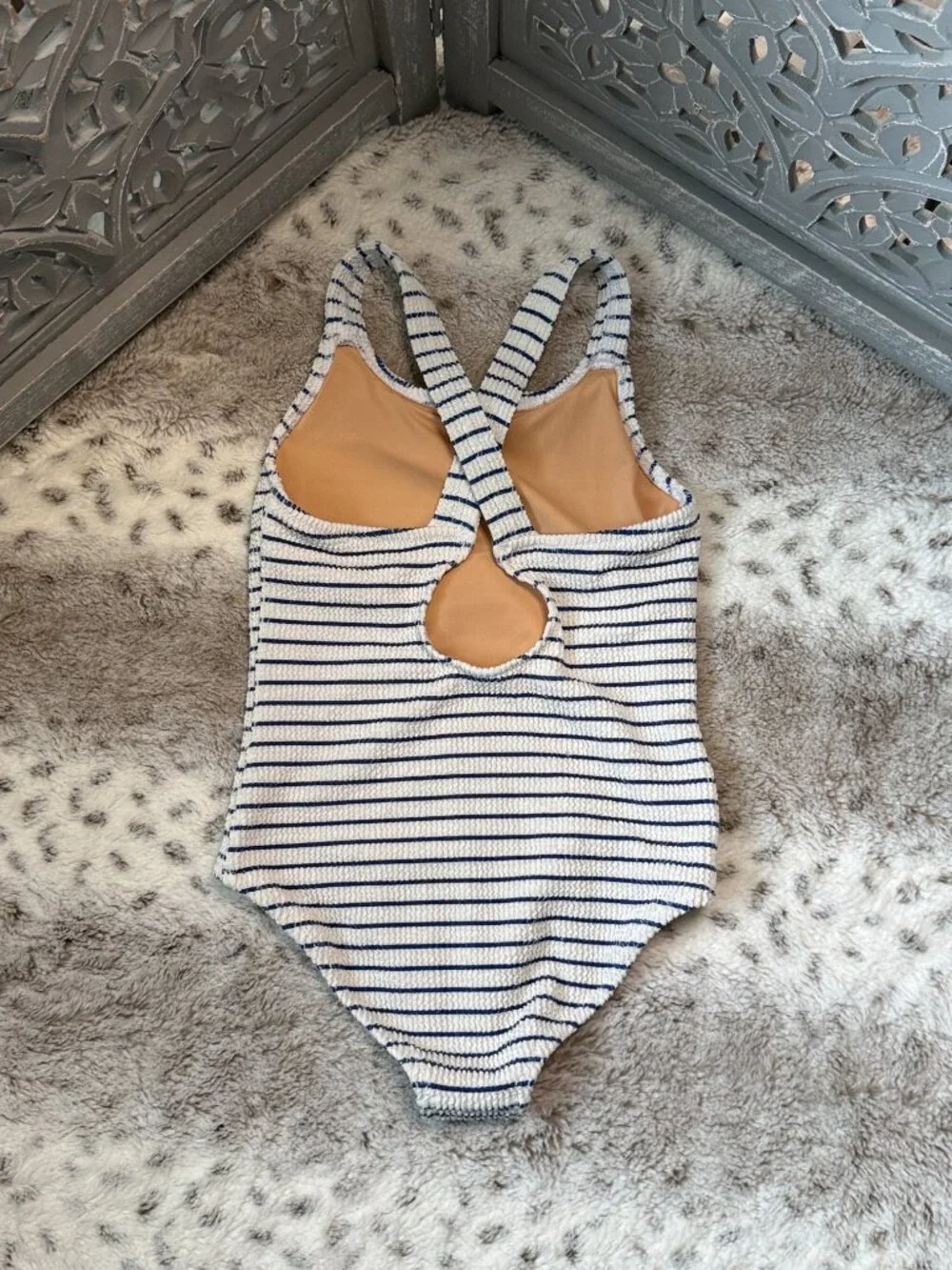 J.Crew Crewcuts navy cream striped swimsuit girls size 7 preppy beach summer